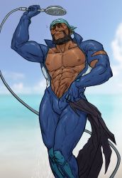 Rule 34 | 1boy, abs, absurdres, archie (pokemon), arm up, bandana, beard, black eyes, black hair, blue bandana, blue bodysuit, bodysuit, closed mouth, cloud, commentary, creatures (company), dark-skinned male, dark skin, day, diving suit, english commentary, erection, facial hair, from below, game freak, highres, holding, logo, male focus, multicolored bodysuit, multicolored clothes, muscular, muscular male, navel, nintendo, one eye closed, outdoors, pectorals, pencilbrush, penis, pokemon, pokemon oras, short hair, shower head, sky, smile, solo, team aqua, tongue, tongue out, torn bodysuit, torn clothes, uncensored, water, wetsuit, white bodysuit