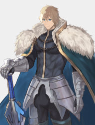 Rule 34 | 1boy, absurdres, armor, bad id, bad pixiv id, black gloves, blonde hair, blue cape, blue eyes, cape, collared cape, excalibur galatine (fate), fate/extra, fate/grand order, fate (series), fur collar, gauntlets, gawain (fate), gloves, highres, holding, holding sword, holding weapon, huge filesize, knight, knights of the round table (fate), light smile, long sleeves, looking at viewer, male focus, muscular, short hair, simple background, smile, solo, sword, user wdpz3432, weapon, white background