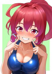 Rule 34 | 1girl, ahoge, anniversary, blue one-piece swimsuit, blush, breasts, cleavage, collarbone, dorachan r, green background, hair ribbon, highres, i-168 (kancolle), kantai collection, large breasts, long hair, looking at viewer, medium breasts, one-piece swimsuit, pink hair, ponytail, red eyes, red hair, ribbon, school swimsuit, smile, solo, swimsuit, tri tails, upper body, white background