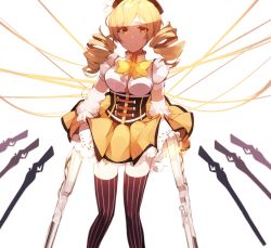 Rule 34 | 10s, blonde hair, clothes lift, corset, drill hair, gun, hona (pixiv7939518), magical girl, magical musket, mahou shoujo madoka magica, mahou shoujo madoka magica (anime), skirt, skirt lift, solo, striped clothes, striped thighhighs, thighhighs, tomoe mami, vertical-striped clothes, vertical-striped thighhighs, weapon, white background, yellow eyes