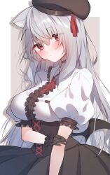 Rule 34 | 1girl, animal ear fluff, animal ears, black choker, black hat, blush, borrowed character, breasts, center frills, choker, closed mouth, collared dress, commentary request, commission, djchanmio, dress, eyes visible through hair, frills, grey hair, hair between eyes, hat, highres, holding own arm, large breasts, long hair, looking at viewer, original, puffy short sleeves, puffy sleeves, red eyes, short sleeves, simple background, skeb commission, solo