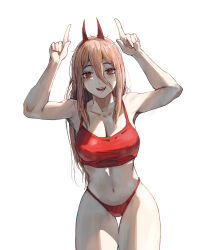 1girl absurdres big_chunger blonde_hair breasts camisole chainsaw_man cleavage cross-shaped_pupils demon_girl demon_horns fangs hair_between_eyes hands_up highres horns index_finger_raised long_hair long_hair_between_eyes medium_breasts navel open_mouth orange_eyes panties power_(chainsaw_man) red_camisole red_horns red_panties simple_background solo symbol-shaped_pupils teeth underwear white_background