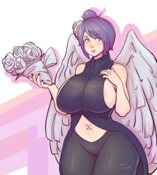 Rule 34 | 1girl, bare shoulders, black nails, blue hair, bouquet, breasts, closed mouth, curvy, eyeshadow, flower, hair flower, hair ornament, holding, holding bouquet, huge breasts, konan (naruto), labret piercing, large breasts, looking to the side, makeup, midriff, nail polish, naruto (series), naruto shippuuden, navel, navel piercing, pants, paper, piercing, pinkkoffin, short hair, sideboob, sleeveless, solo, tight clothes, tight pants, wide hips, wings