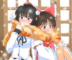 Rule 34 | 2girls, black hair, black ribbon, blush, bow, brown eyes, brown hair, commentary request, detached sleeves, frilled bow, frilled hair tubes, frills, hair bow, hair tubes, hakurei reimu, hat, highres, leaf print, long hair, long sleeves, maple leaf print, multiple girls, neck ribbon, open mouth, orange scarf, pom pom (clothes), print scarf, red bow, red eyes, red hat, ribbon, scarf, shameimaru aya, shared clothes, shared scarf, shirt, snowflakes, tokin hat, touhou, white shirt, yakousei no kame, yuri