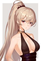 Rule 34 | 1girl, armpits, azur lane, backless dress, backless outfit, bare arms, bare shoulders, black dress, breasts, brown hair, cleavage, collarbone, dress, earrings, hair between eyes, hair ornament, halter dress, halterneck, highres, jean bart (azur lane), jean bart (uninhibited bloodstone) (azur lane), jewelry, long hair, looking at viewer, medium breasts, no bra, official alternate costume, ponytail, red eyes, sleeveless, sleeveless dress, solo, upper body, zukanosuke