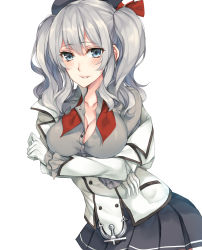 Rule 34 | 10s, 1girl, blue eyes, blush, breasts, cleavage, frilled sleeves, frills, highres, kantai collection, kashima (kancolle), parted lips, rinarisa, silver hair, simple background, solo, twintails, undressing, wavy hair, white background