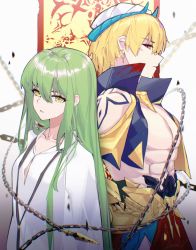 Rule 34 | 2boys, absurdres, arabian clothes, back-to-back, bare shoulders, blonde hair, chain, collared vest, cropped vest, earrings, enkidu (fate), enkidu (weapon) (fate), expressionless, fate/grand order, fate (series), gilgamesh (fate), green eyes, green hair, highres, jewelry, leria v, long hair, looking at viewer, looking to the side, midriff, multiple boys, pants, red eyes, red pants, robe, short hair, slit pupils, staring, turban, upper body, very long hair, vest, white robe