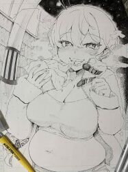 Rule 34 | 1girl, absurdres, art tools in frame, belly, breasts, cleavage, cropped shirt, eating, food, greyscale, hair between eyes, highres, holding, holding food, ink (medium), large breasts, monochrome, navel, original, pen, photo (medium), short hair, sleeves past wrists, smile, solo, terano haruma, traditional media, upper body, walking