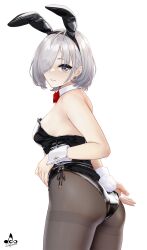 Rule 34 | 1girl, animal ears, artist logo, ass, bare shoulders, bow, bowtie, breasts, closed mouth, detached collar, eyes visible through hair, fake animal ears, fake tail, grey eyes, grey hair, grey pantyhose, hair over one eye, highres, infinote, leotard, lips, looking at viewer, looking back, medium breasts, original, pantyhose, playboy bunny, rabbit ears, rabbit tail, red bow, red bowtie, sashou mihiro (infinote), short hair, side-tie leotard, signature, simple background, smile, solo, strapless, strapless leotard, tail, white background, wrist cuffs