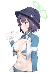 Rule 34 | 1girl, absurdres, bikini, blue archive, blue bikini, blush, bottle, breasts, breasts apart, bucket hat, groin, halo, hat, highres, holding, holding bottle, komasi, large breasts, navel, open swimsuit, rash guard, saki (blue archive), saki (swimsuit) (blue archive), simple background, solo, stomach, sweatdrop, swimsuit, white background