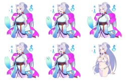 Rule 34 | 1girl, :3, :d, absurdres, animal ear fluff, animal ears, arm at side, bare arms, bare shoulders, bikini, black sash, blue fire, blue kimono, breasts, closed eyes, copyright request, cropped legs, enkyo yuuichirou, fang, fire, flying sweatdrops, fox ears, ghost, grey hair, hair bobbles, hair ornament, halterneck, hand on own chest, hand up, highres, japanese clothes, kimono, large breasts, long hair, long sleeves, multiple views, navel, obi, open mouth, parted bangs, ponytail, purple eyes, sash, shaded face, shawl, sidelocks, simple background, smile, standing, swimsuit, tassel, tears, turn pale, very long hair, white background, white bikini, wide sleeves