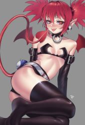 Rule 34 | 1girl, arm belt, ass, bare shoulders, belt, black thighhighs, choker, demon girl, demon tail, demon wings, disgaea, earrings, elbow gloves, etna (disgaea), flat chest, gloves, grey background, hair between eyes, highres, jewelry, looking at viewer, micro shorts, nanja, navel, no shoes, pointy ears, red eyes, red hair, short twintails, shorts, simple background, sitting, skindentation, skull earrings, slit pupils, smile, solo, tail, thighhighs, tongue, tongue out, twintails, white belt, wings