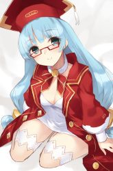 Rule 34 | 1girl, blue eyes, blue hair, breasts, buran buta, cleavage, dress, glasses, hair ornament, highres, jacket, long hair, looking at viewer, low-tied long hair, low twintails, medium breasts, neptune (series), nishizawa mina, puffy sleeves, red jacket, simple background, sitting, smile, solo, thighhighs, twintails, very long hair, wariza, white background, white dress, white thighhighs