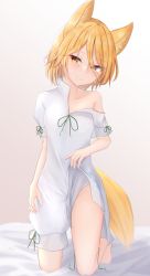 Rule 34 | 1girl, absurdres, animal ears, barefoot, bed sheet, blonde hair, breasts, closed mouth, clothes lift, commentary request, dakuazu, eyelashes, eyes visible through hair, fox ears, fox girl, fox tail, green ribbon, happy, highres, kneeling, kudamaki tsukasa, lifting own clothes, ribbon, romper, short hair, short sleeves, small breasts, smile, solo, tail, touhou, untied, white romper, yellow eyes