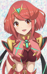 Rule 34 | absurdres, breasts, chest jewel, earrings, headpiece, highres, jewelry, large breasts, pyra (xenoblade), red eyes, red hair, red shorts, ryochan96154, short hair, short shorts, shorts, solo, swept bangs, tiara, xenoblade chronicles (series), xenoblade chronicles 2
