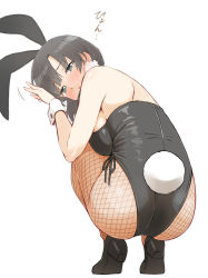 Rule 34 | 1girl, :o, animal ears, arm up, ass, assault lily, bare shoulders, black footwear, black hair, black leotard, black pantyhose, blush, breasts, commentary request, earrings, embarrassed, fake animal ears, fake tail, fishnet pantyhose, fishnets, from behind, full body, gochisousama (tanin050), grey eyes, head tilt, high heels, highres, jewelry, large breasts, leotard, looking at viewer, looking back, motion lines, nose blush, pantyhose, parted lips, playboy bunny, pom pom (clothes), pom pom earrings, rabbit ears, rabbit pose, rabbit tail, raised eyebrows, shoe soles, shoes, side-tie leotard, sideboob, simple background, solo, squatting, strapless, strapless leotard, tail, tearing up, tears, tiptoes, translation request, wang yujia, white background, wrist cuffs