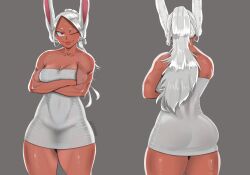 Rule 34 | 1girl, absurdres, animal ears, ass, bare shoulders, boku no hero academia, breasts, cleavage, collarbone, commission, covered navel, crossed arms, dark-skinned female, dark skin, from behind, grey background, highres, long eyelashes, long hair, looking at viewer, medium breasts, mirko, multiple views, naked towel, one eye closed, parted bangs, ponytail, rabbit ears, rabbit girl, red eyes, smile, thick thighs, thighs, toned, tongue, tongue out, towel, twitter username, vekkro, white hair, white towel