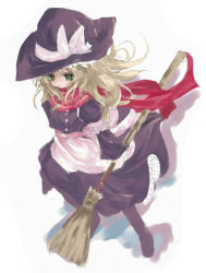 Rule 34 | 1girl, apron, blonde hair, bow, broom, female focus, frills, from above, hat, kirisame marisa, long hair, perfect cherry blossom, red scarf, scarf, shino (eefy), simple background, solo, touhou, white background, witch hat, yellow eyes
