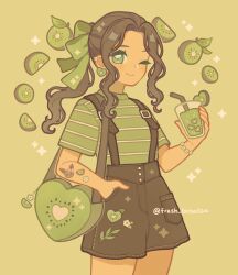 Rule 34 | 1girl, ;), arm tattoo, arm up, bag, black shorts, blush, bow, commentary, commission, cup, curly hair, earrings, emily kim, english commentary, floral print, flower, flower bracelet, food, food print, fruit, green bow, green eyes, green shirt, hair bow, hand in pocket, handbag, highres, holding, holding cup, jewelry, kiwi (fruit), kiwi slice, leaf, long hair, looking at viewer, one eye closed, original, ponytail, shirt, short sleeves, shorts, sidelocks, smile, strap, striped clothes, striped shirt, tattoo, trinkets, twitter username, white flower