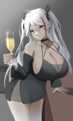 Rule 34 | 1girl, absurdres, alcohol, alternate costume, azur lane, bare shoulders, breasts, champagne, champagne flute, cup, drinking glass, hair between eyes, hair ornament, highres, huge breasts, j yak47, large breasts, long hair, looking at viewer, multicolored hair, orange eyes, prinz eugen (azur lane), red hair, smile, solo, streaked hair, white hair