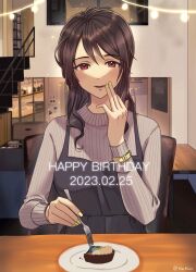 Rule 34 | 1girl, apartment, black dress, brown hair, commentary request, dated, dress, fork, hand to own mouth, happy birthday, highres, holding, holding fork, idolmaster, idolmaster cinderella girls, idolmaster cinderella girls starlight stage, indoors, kureuchi sayaka, long hair, mifune miyu, nail polish, plate, pov across table, purple sweater, red eyes, ribbed sweater, solo, stairs, sweater, sweater under dress, window, yellow nails