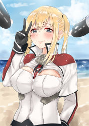 Rule 34 | 10s, 28aarts, absurdres, anchor, arm behind back, beach, between breasts, black eyes, black gloves, blonde hair, blush, breasts, cleavage, day, gloves, graf zeppelin (kancolle), hair between eyes, heart, heart-shaped pupils, highres, kantai collection, large breasts, military, military uniform, necktie, necktie between breasts, outdoors, sidelocks, suggestive fluid, symbol-shaped pupils, torpedo, twintails, uniform, v