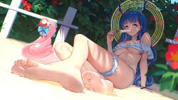 Rule 34 | 1girl, absurdres, ahoge, area (zero9971), arm support, bad link, bare legs, bare shoulders, barefoot, bikini, blue eyes, blue hair, blue horns, blue nails, blunt bangs, bracelet, breasts, bridal garter, chromatic aberration, curly hair, dappled sunlight, dragon horns, duck innertube, dutch angle, feet, fence, flower, flower-shaped pupils, food, food in mouth, foot focus, from below, full body, halo, hand up, highres, holding, holding food, holding popsicle, horns, indie virtual youtuber, jewelry, large breasts, leaf, long hair, looking to the side, lying, multicolored hair, musical note, navel, off-shoulder bikini, off shoulder, on side, pink hair, pink innertube, popsicle, popsicle in mouth, red flower, sand, shade, shuiyaori, solo, stomach, streaked hair, sunlight, swimsuit, symbol-shaped pupils, tree shade, underboob, virtual youtuber, white bikini, wooden fence