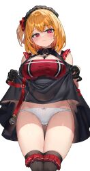 Rule 34 | 1girl, absurdres, azur lane, black gloves, black skirt, black thighhighs, blonde hair, blush, bow, bow panties, breasts, closed mouth, clothes lift, commentary request, cross, frilled thighhighs, frills, from below, gloves, gluteal fold, hair bow, half gloves, head tilt, high-waist skirt, highres, iron cross, large breasts, leipzig (azur lane), lifted by self, one side up, panties, ranf, red bow, red eyes, simple background, skirt, skirt lift, solo, sweat, thigh gap, thighhighs, underwear, white background, white panties