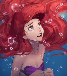 Rule 34 | 1girl, absurdres, air bubble, ariel (disney), bare arms, bare shoulders, bikini, blue eyes, blurry, blurry foreground, breasts, bubble, clenched hands, close-up, collarbone, commentary, crying, crying with eyes open, depth of field, disney, english commentary, floating hair, frown, furrowed brow, highres, hood (james x), lips, long hair, looking up, multicolored eyes, open mouth, own hands together, purple bikini, red hair, shell, shell bikini, small breasts, solo, swimsuit, tears, teeth, the little mermaid, underwater, upper body, upper teeth only, water, yellow eyes