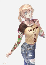 Rule 34 | aqua eyes, arm tattoo, bag, blonde hair, choker, clothes writing, cowboy shot, grey background, hair between eyes, handbag, highres, jewelry, kantai collection, looking at viewer, low twintails, millipen (medium), over shoulder, prinz eugen (kancolle), ripped jeans, shirt, smile, solo, t-shirt, tattoo, tesun (g noh), torn clothes, traditional media, twintails, watercolor pencil (medium)