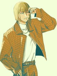 Rule 34 | 1boy, ai (ai1470), arm up, bleach, blonde hair, blunt bangs, bob cut, brown background, brown jacket, brown pants, clenched teeth, cowboy shot, hand in pocket, highres, hirako shinji, jacket, jewelry, male focus, necklace, open mouth, pants, plaid, plaid jacket, plaid pants, shading face, sideways glance, simple background, solo, straight hair, sweater, teeth, turtleneck, turtleneck sweater, white background, white sweater