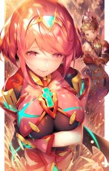 Rule 34 | 1boy, 1girl, arm under breasts, armor, bandaged arm, bandages, blush, bodysuit, breasts, brown eyes, brown hair, commentary request, earrings, gem, grin, headpiece, jewelry, large breasts, looking at viewer, mouth hold, nintendo, pyra (xenoblade), red eyes, red hair, red shorts, rex (xenoblade), ryuji (ikeriu), short hair, shorts, shoulder armor, smile, standing, swept bangs, teeth, tiara, tissue, xenoblade chronicles (series), xenoblade chronicles 2