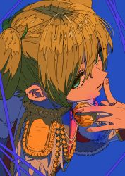 Rule 34 | 1girl, absurdres, aiguillette, aqua eyes, arm at side, blonde hair, blue background, buttons, commentary, daiba nana, epaulettes, finger to mouth, fingernails, from above, from side, fur-trimmed jacket, fur trim, green ribbon, hair between eyes, hair ribbon, hand up, highres, holding, holding button, jacket, jacket on shoulders, long sleeves, looking at viewer, looking up, nasu (nasu8901), parted lips, red jacket, red sash, ribbon, sash, short hair, short twintails, shoujo kageki revue starlight, shoulder sash, simple background, solo, twintails, upper body, white jacket