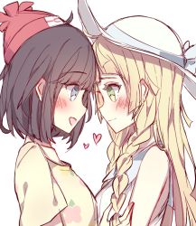 Rule 34 | 2girls, beanie, black hair, blonde hair, blue eyes, blush, bow, braid, breast press, collarbone, creatures (company), eye contact, floral print, forehead-to-forehead, game freak, green eyes, hat, hat bow, heads together, heart, kvlen, lillie (pokemon), long hair, looking at another, multiple girls, nintendo, open mouth, pokemon, pokemon sm, selene (pokemon), short hair, smile, sun hat, symmetrical docking, twin braids, upper body, yuri