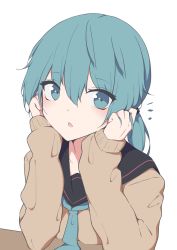 Rule 34 | 1girl, :o, ^^^, alternate costume, bad id, bad pixiv id, black sailor collar, blue eyes, blue hair, blue neckerchief, brown sweater, commentary request, giryu, hands on own cheeks, hands on own face, hatsune miku, long hair, long sleeves, looking at viewer, neckerchief, open mouth, sailor collar, school uniform, simple background, sleeves past wrists, solo, sweater, upper body, vocaloid, white background