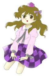 Rule 34 | 1girl, :d, brown eyes, brown hair, checkered clothes, checkered skirt, collared shirt, cropped legs, frilled shirt collar, frills, grey necktie, hair ribbon, hat, himekaidou hatate, juliet sleeves, long hair, long sleeves, necktie, nonamejd, official style, open mouth, pink shirt, puffy sleeves, purple hat, purple ribbon, purple skirt, ribbon, shirt, simple background, skirt, smile, solo, tokin hat, touhou, white background, zun (style)