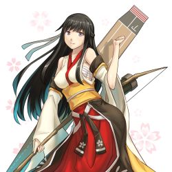 Rule 34 | 1girl, akagi (warship girls r), arm up, armpits, arpeggio kaga, black hair, blue eyes, bow (weapon), breasts, cowboy shot, detached sleeves, covered erect nipples, flight deck, floral background, highres, holding, holding weapon, japanese clothes, kimono, long hair, looking at viewer, machinery, obi, quiver, sarashi, sash, solo, standing, warship girls r, weapon, white background, wide sleeves