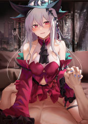 Rule 34 | 1boy, 1girl, arknights, bare shoulders, black headwear, black neckwear, breasts, cityscape, clothed female nude male, cowgirl position, dress, girl on top, hetero, highres, holding hands, implied sex, indoors, large breasts, long sleeves, looking at viewer, nail polish, navel, night, nude, off-shoulder dress, off shoulder, official alternate costume, open mouth, pov, red dress, ru zhai, skadi (arknights), skadi the corrupting heart (arknights), straddling, sweat, torn clothes, torn dress