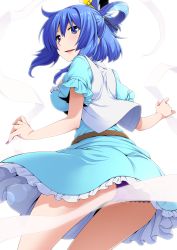 Rule 34 | 1girl, ass, belt, black belt, blue dress, blue eyes, blue hair, breasts, commentary request, cowboy shot, dress, eichi yuu, frills, from behind, hair between eyes, hair ornament, hair rings, hair stick, highres, kaku seiga, large breasts, looking at viewer, looking back, nail polish, panties, pantyshot, parted lips, partial commentary, petticoat, purple nails, purple panties, shawl, short dress, short hair, simple background, smile, solo, standing, thighs, touhou, underwear, vest, white background, white vest