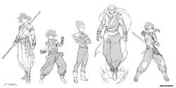 Rule 34 | 5boys, armband, bald, cape, circlet, closed mouth, dougi, dragon ball, fighting stance, fingerless gloves, floating, gloves, greyscale, highres, holding, holding staff, holding sword, holding weapon, jacket, male focus, monochrome, multiple boys, muscular, parted lips, piccolo, rejean dubois, scabbard, sheath, simple background, sketch, skin tight, son gohan, son goku, staff, sword, torn clothes, trunks (dragon ball), trunks (future) (dragon ball), vegeta, weapon, white background, white gloves