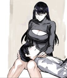 Rule 34 | 1boy, 1girl, artist name, black hair, black sweater, blush, breasts, brown background, cleavage, cleavage cutout, closed eyes, clothing cutout, covered collarbone, feet out of frame, grey shirt, highres, invisible chair, kamishiro rize, kaneki ken, large breasts, long hair, long sleeves, lying, on back, on lap, shirt, short hair, sitting, smile, sweater, tokyo ghoul, wavy mouth, white background, yourfreakyneighbourh