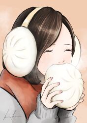 Rule 34 | 1girl, absurdres, baozi, biting, bob cut, breath, brown background, brown hair, closed eyes, eating, facing ahead, fingernails, food, food as clothes, food focus, grey sweater, hands up, happy, headphones, highres, holding, holding food, keisuke1105, original, red scarf, scarf, signature, sweater, swept bangs, themed object, upper body
