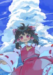 Rule 34 | 1girl, :d, ascot, black hair, blue sky, bow, cloud, cowboy shot, detached sleeves, frilled skirt, frills, from below, hair bow, hair tubes, hakurei reimu, highres, kibisake, looking at viewer, medium hair, open mouth, outdoors, red bow, red eyes, red shirt, red skirt, ribbon-trimmed sleeves, ribbon trim, shirt, skirt, sky, smile, solo, standing, touhou, wide sleeves, yellow ascot