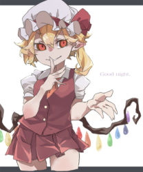 Rule 34 | 1girl, blonde hair, bow, crystal, english text, flandre scarlet, grin, hat, hat bow, hat ribbon, highres, miniskirt, mob cap, necktie, pleated skirt, puffy short sleeves, puffy sleeves, red eyes, reiga (act000), ribbon, short sleeves, side ponytail, skirt, skirt set, smile, solo, touhou, wings