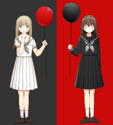 Rule 34 | 2girls, :o, balloon, black sailor collar, black serafuku, black shirt, black skirt, blonde hair, blue eyes, brown footwear, brown hair, closed eyes, closed mouth, commentary request, eyebrows hidden by hair, facing viewer, grey background, grey neckerchief, hair between eyes, hand to own mouth, hand up, holding, holding balloon, kurata rine, loafers, long hair, long sleeves, looking at viewer, multiple girls, neckerchief, original, parted lips, pleated skirt, red background, sailor collar, school uniform, serafuku, shirt, shoes, skirt, socks, split theme, two-tone background, white legwear, white sailor collar, white serafuku, white shirt, white skirt