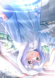 Rule 34 | 1girl, animal ears, animal hood, arm up, blue hair, blush, brown eyes, commentary request, highres, hololive, hood, hood up, long hair, long sleeves, looking at viewer, magowasabi, outdoors, puddle, rabbit-shaped pupils, rabbit ears, rain, raincoat, reflection, short eyebrows, signature, solo, standing, symbol-shaped pupils, thick eyebrows, twitter username, upper body, upside-down, usada pekora, virtual youtuber, water surface