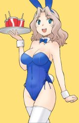 Rule 34 | 10s, 1girl, :d, animal ears, blonde hair, blue eyes, breasts, cleavage, collar, commentary request, cowboy shot, cup, detached collar, drinking straw, fake animal ears, fake tail, girls und panzer, hair intakes, holding, kay (girls und panzer), leotard, long hair, looking at viewer, medium breasts, open mouth, playboy bunny, rabbit ears, rabbit tail, side-tie leotard, simple background, smile, solo, standing, tail, thighhighs, tray, uona telepin, white collar, white thighhighs, wing collar, wrist cuffs, yellow background