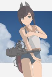 Rule 34 | 1girl, absurdres, blue sky, brown eyes, brown hair, cloud, commentary request, cowboy shot, highres, i-401 (kancolle), kantai collection, machinery, orange sailor collar, ponytail, sailor collar, school swimsuit, shirt, short hair, short ponytail, side-tie shirt, sky, sleeveless, sleeveless shirt, smile, solo, swimsuit, swimsuit under clothes, tbf (torigoya)
