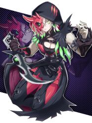 Rule 34 | 1girl, black nails, blonde hair, breasts, cleavage, colored tips, cropped legs, dagger, detached sleeves, diabellstar the black witch, duel monster, glaring, gloves, green eyes, half mask, hands up, heterochromia, highres, holding, holding dagger, holding knife, holding weapon, hood, knife, mask, medium breasts, multicolored hair, single bare shoulder, single glove, solo, usoco, weapon, yu-gi-oh!