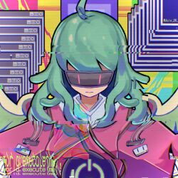 Rule 34 | 1girl, ahoge, artist name, chromatic aberration, closed mouth, electrical outlet, expressionless, facing down, glitch, green hair, head-mounted display, highres, medium hair, mili (band), ooya (july 26), pink shirt, power symbol, robot girl, sata cable, scanlines, shirt, solo, twitter username, upper body, window (computing), wings, wire, | |